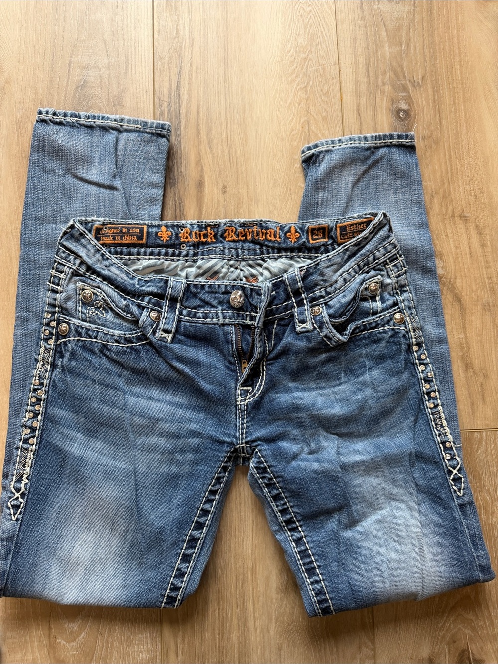 Rock Revival Women's Blue straight Jeans Size 28 with Side Stud Embellishments